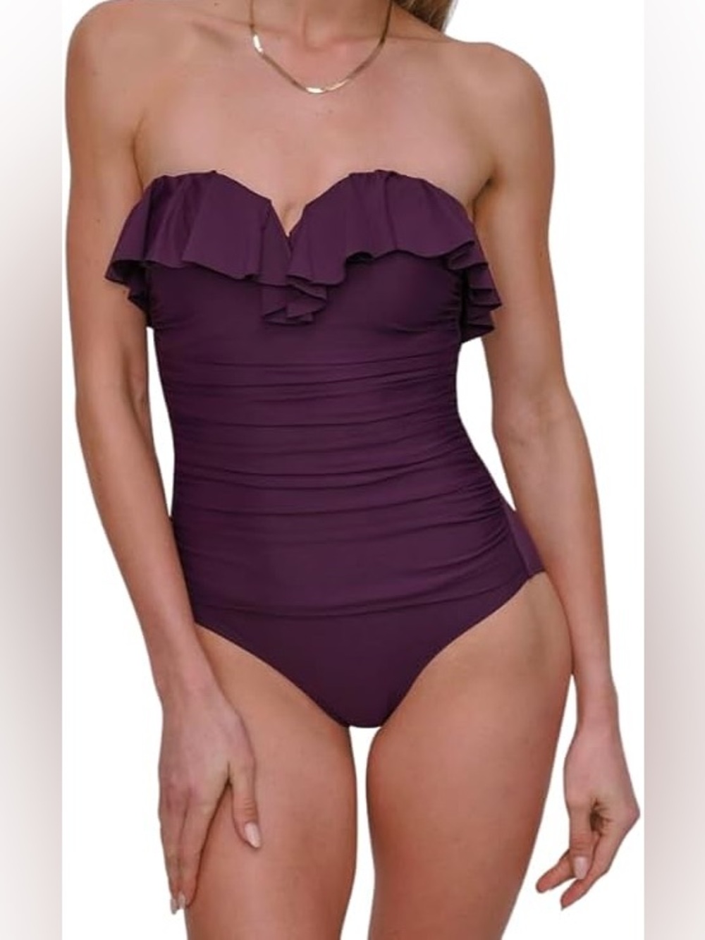 DKNY Ruffle Bandeau One Piece Strapless Swimsuit Tummy Control Purple Small